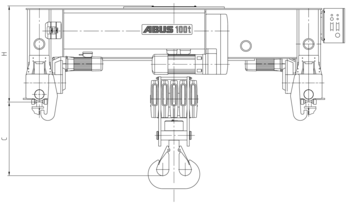 Panoramica tecnica dei paranchi a fune elettrici ABUS GM per gru a due travi con elevate portate e dimensioni.